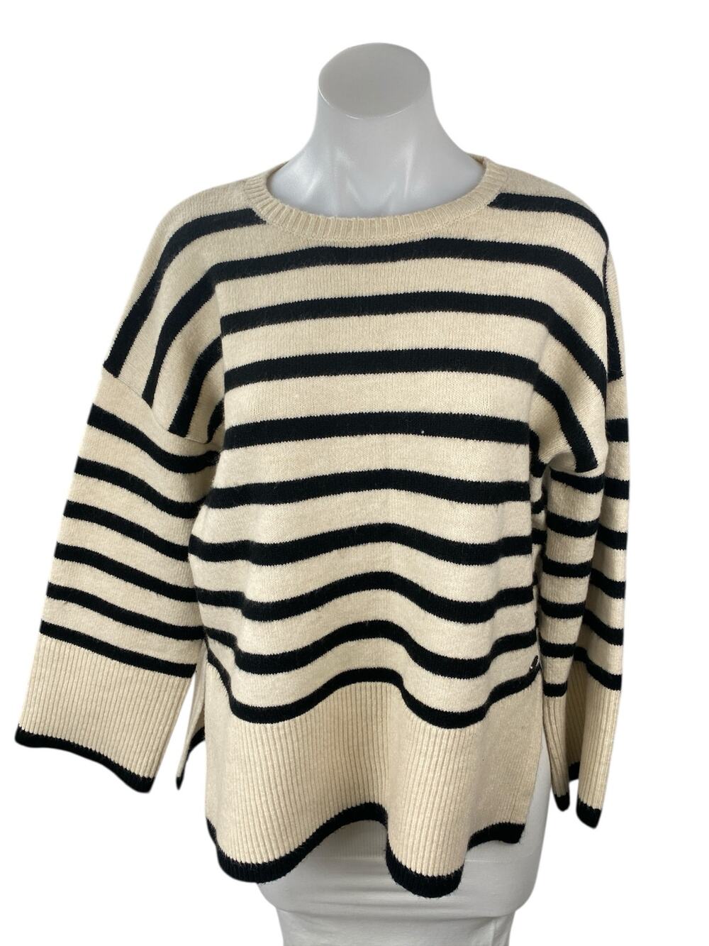 BSB Jeans Women's Beige Black Striped Long Sleeve Rib Knit Sweater Top Size XS
